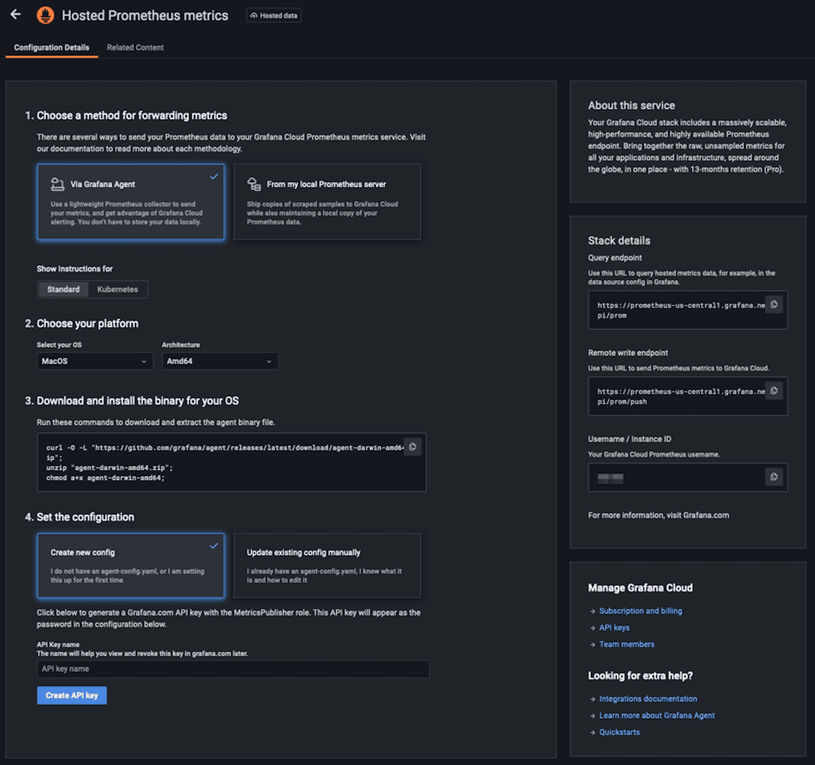 A screenshot of the Hosted Prometheus metrics configuration window.