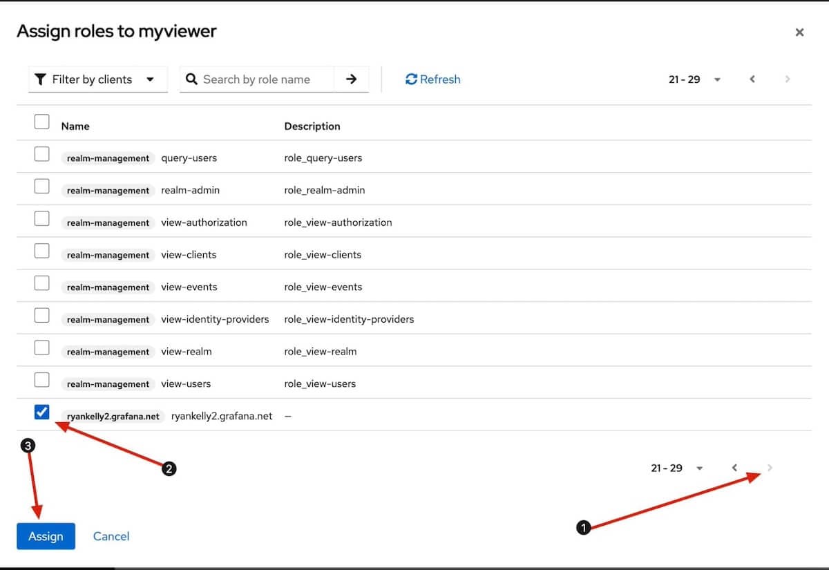 A screenshot of a Keycloak window with arrows showing where to scroll, a previously created role, and the Assign button