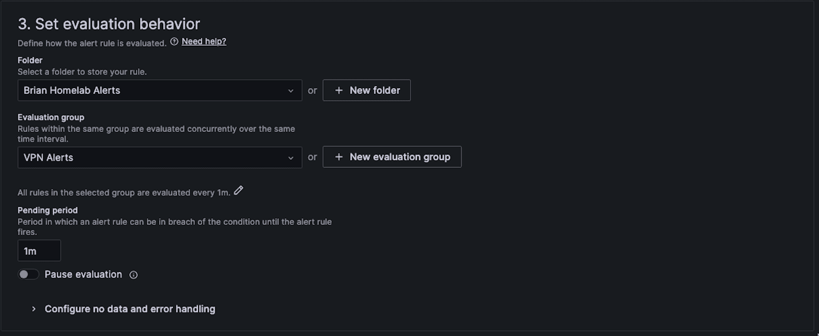A screenshot of the settings for an evaluation behavior for an alert rule in Grafana alerting.