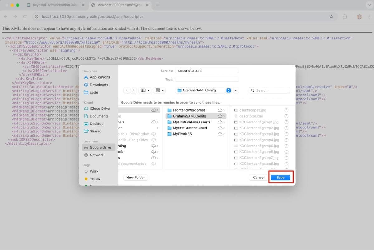 A screenshot of a window showing an XML file being saved