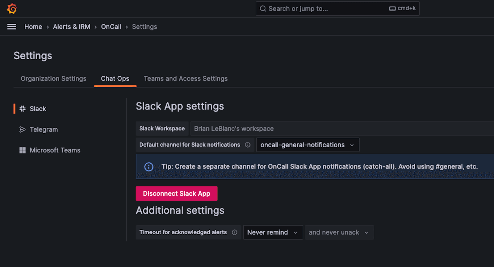 A screenshot of the Grafana settings page to create alerts in Slack.