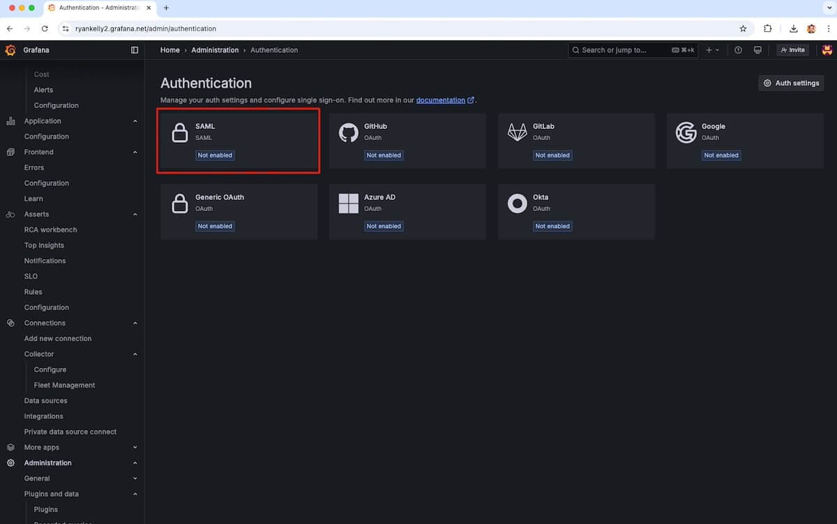 A screenshot of a Grafana Cloud Authentication page with the SAML option highlighted
