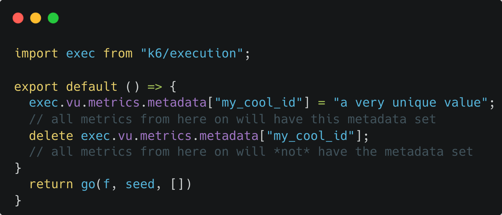 Screenshot of code for setting metadata for a whole virtual user in Grafana k6