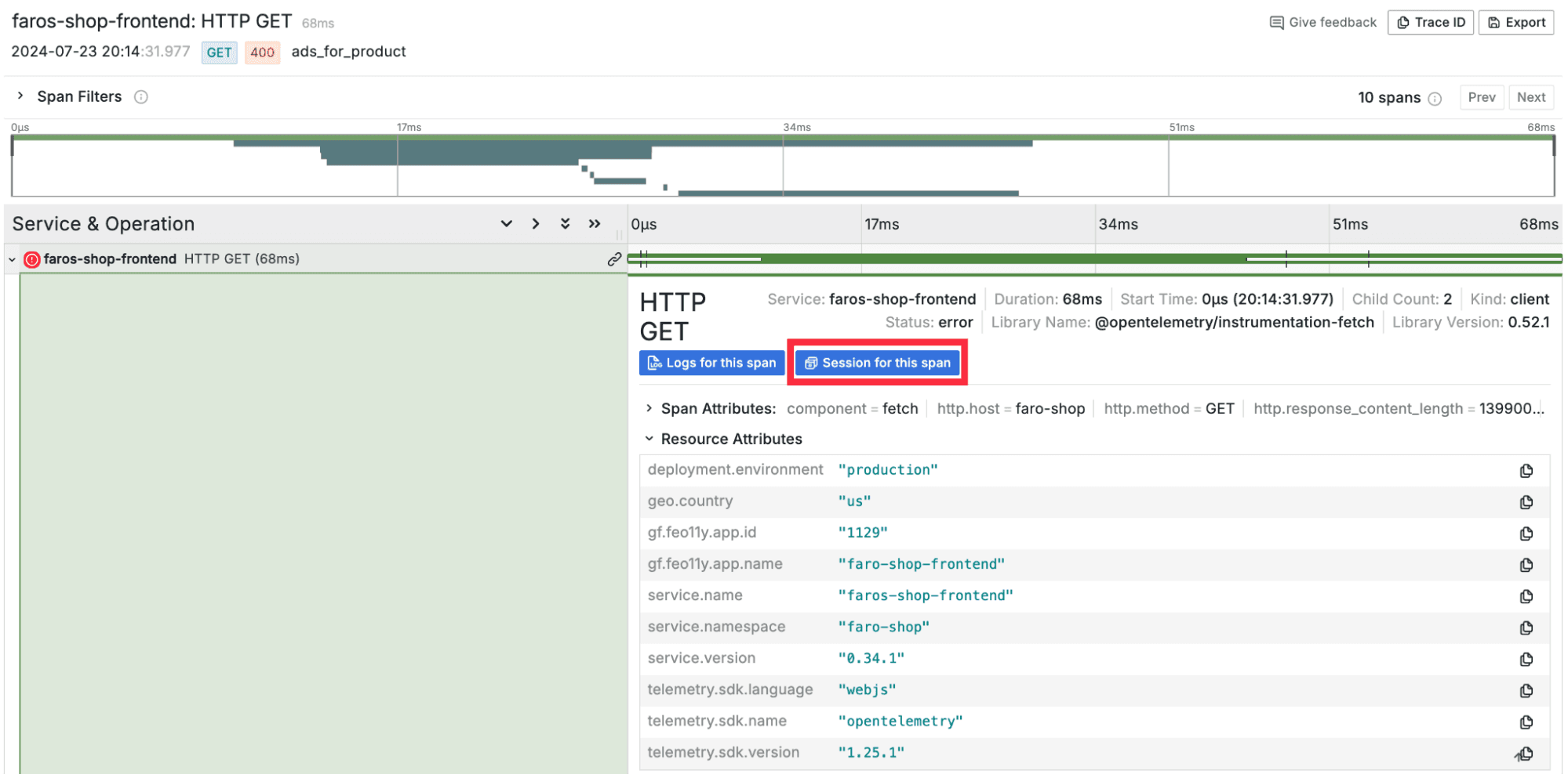 A screenshot of the Sessions for this span button.