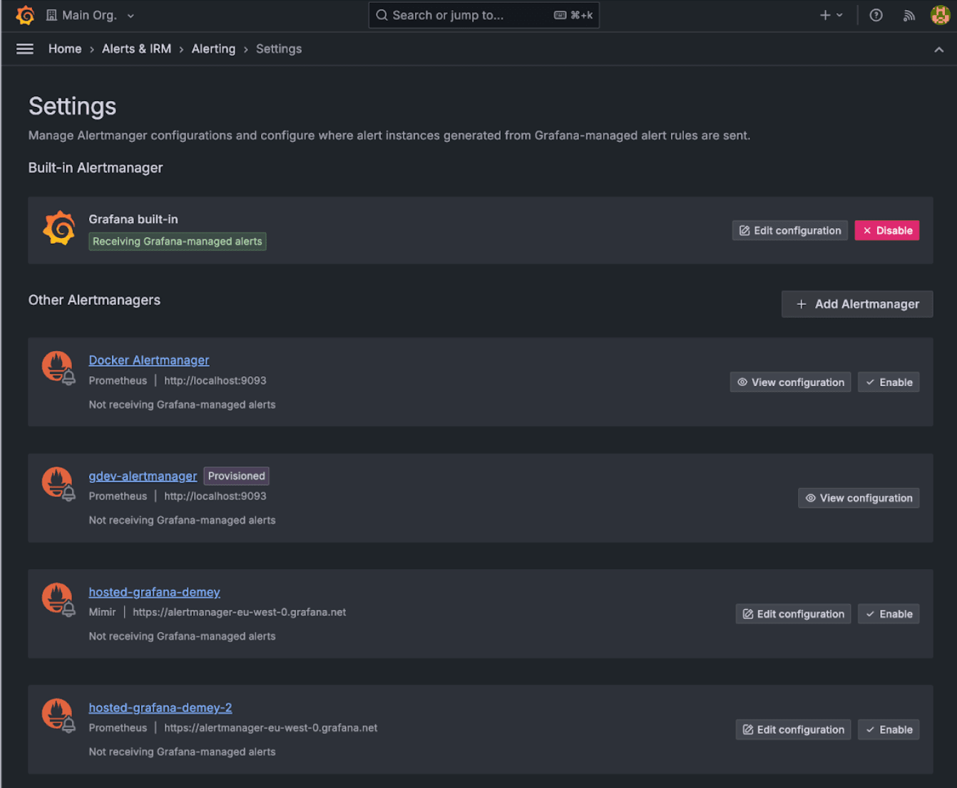 Alert settings page