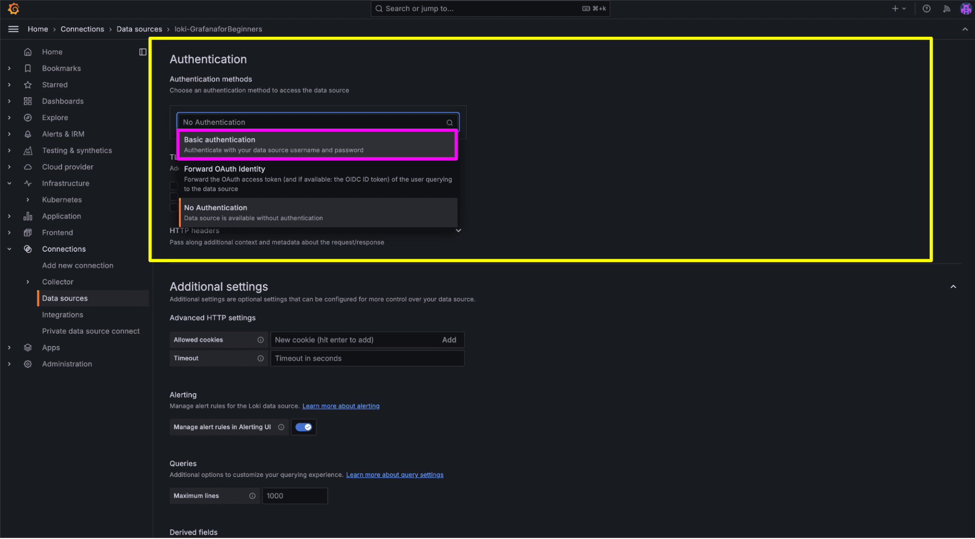 A screenshot showing Loki authentication.
