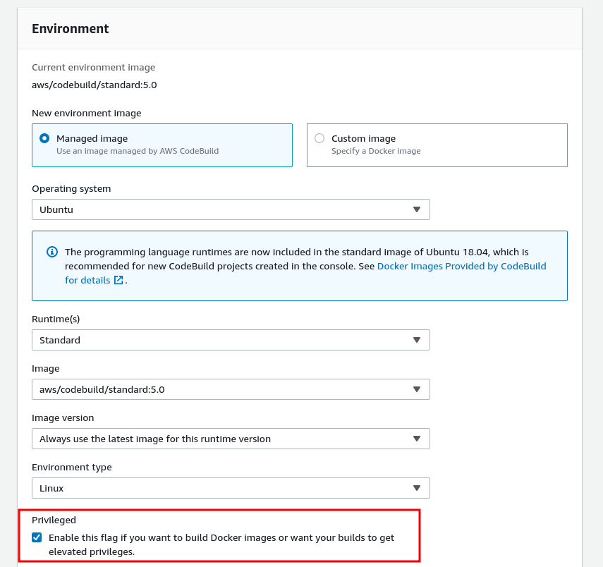 AWS CodeBuild environment UI