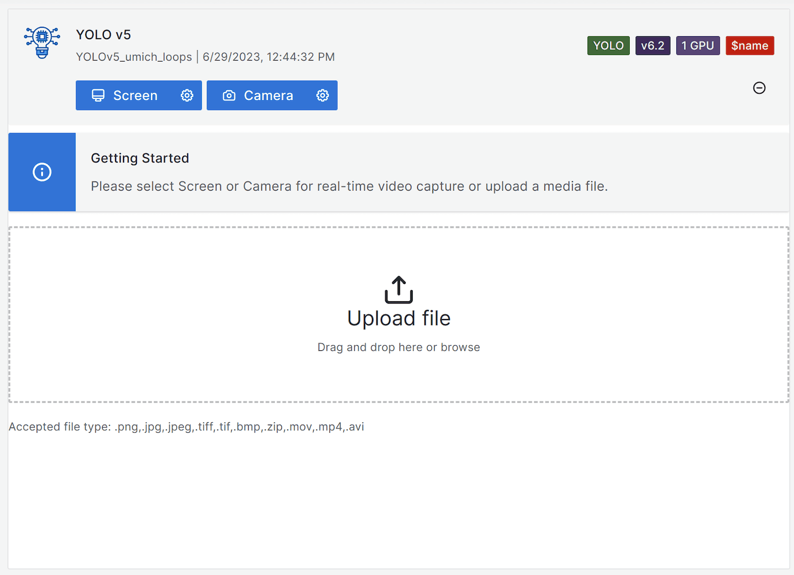 A close look at the drop zone available to upload a single image via drag-n-drop or start a streaming acquisition of a screen or camera.