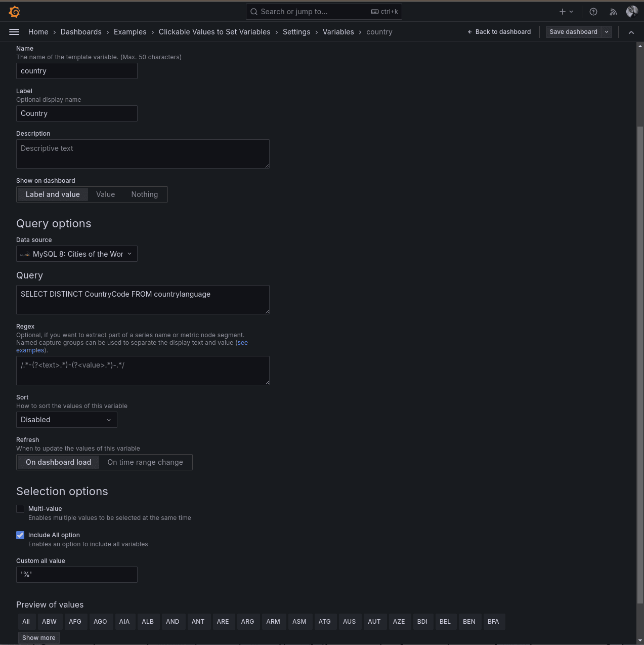 A screenshot of variables for an example dashboard.