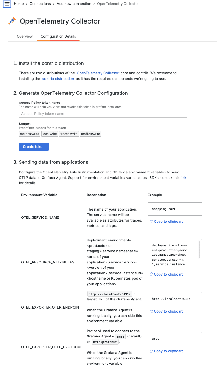 A screenshot of config details for the OTel Collector.