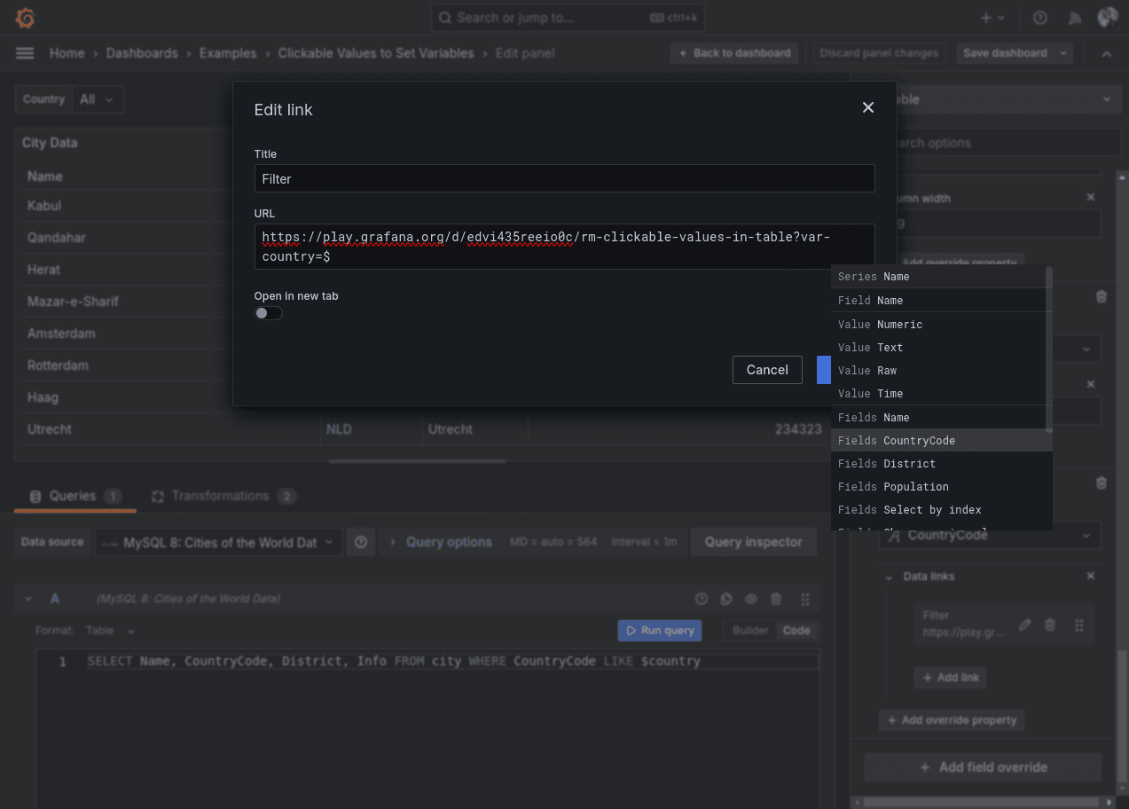 A screenshot of a field override.