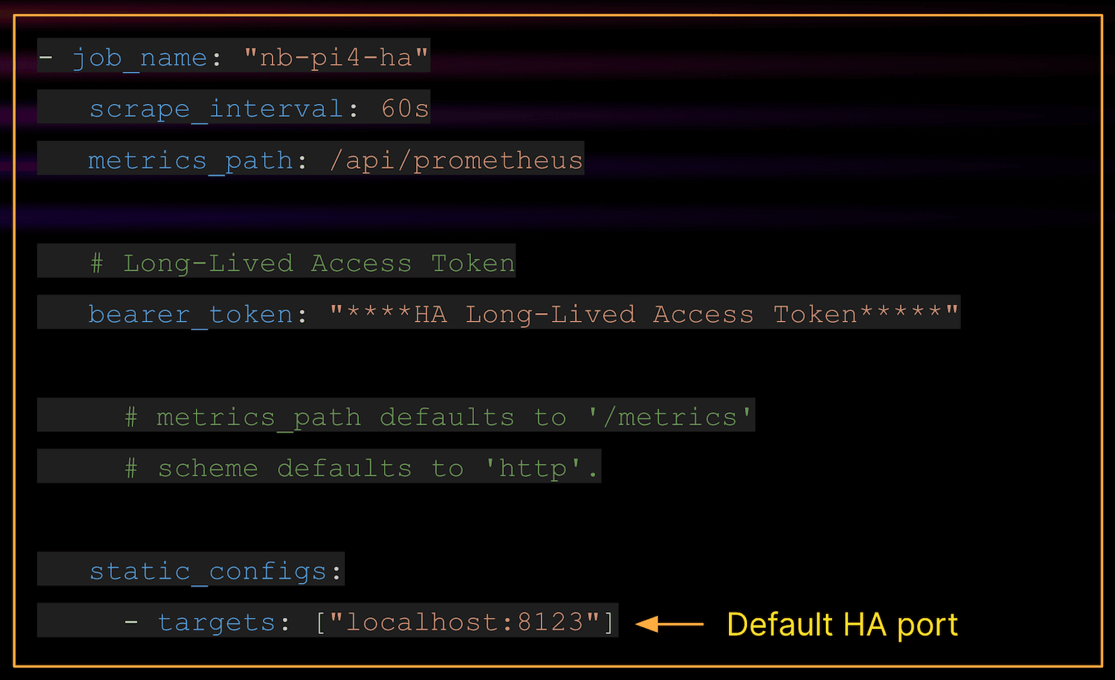 A screenshot showing how to configure a Prometheus server to scrape the Home Assistant metrics.