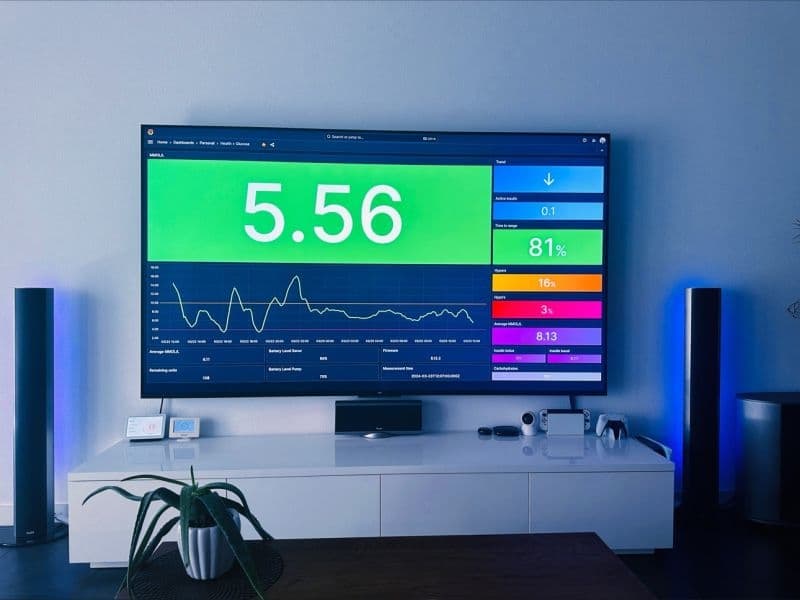 An image of television displaying a dashboard monitoring blood sugars, insulin doses, and overall health.
