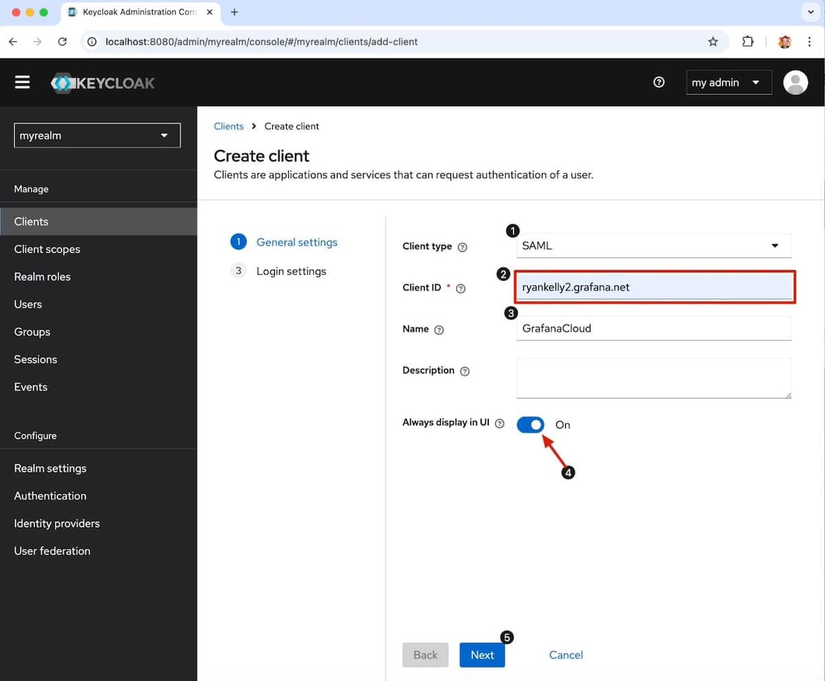 A screenshot of a the Create client window in Keycloak