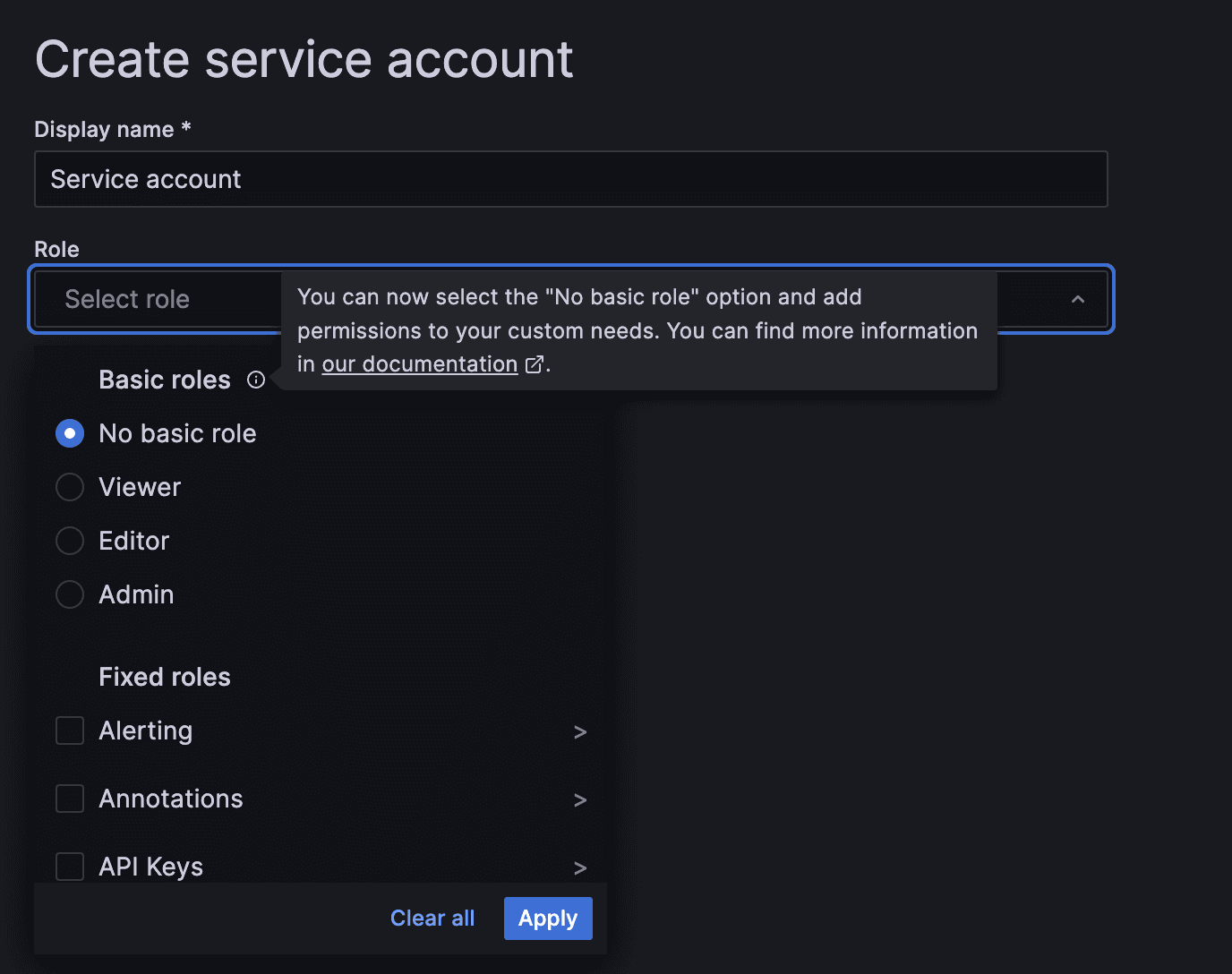 In this screenshot, No basic role is selected from the Create service account menu