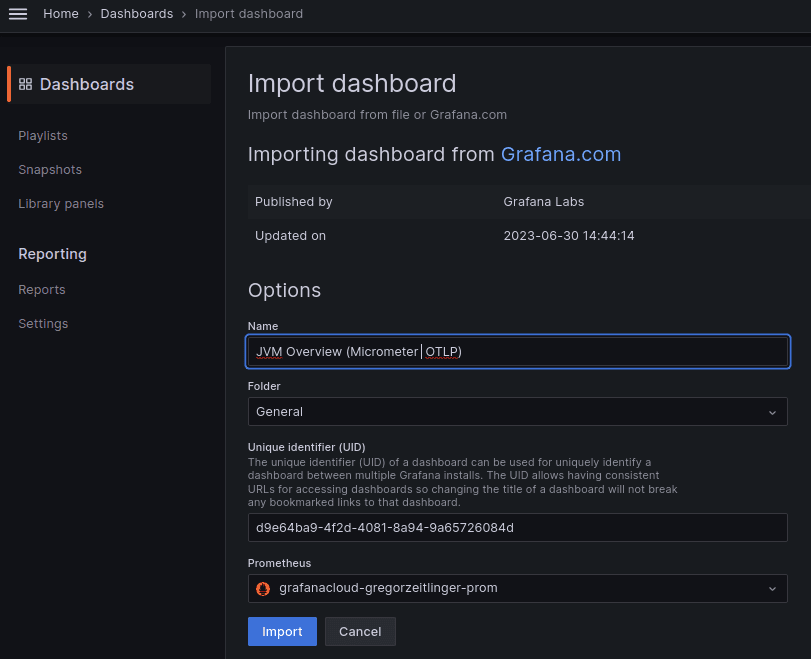 Screenshot of selecting Prometheus as a data source in Grafana Cloud