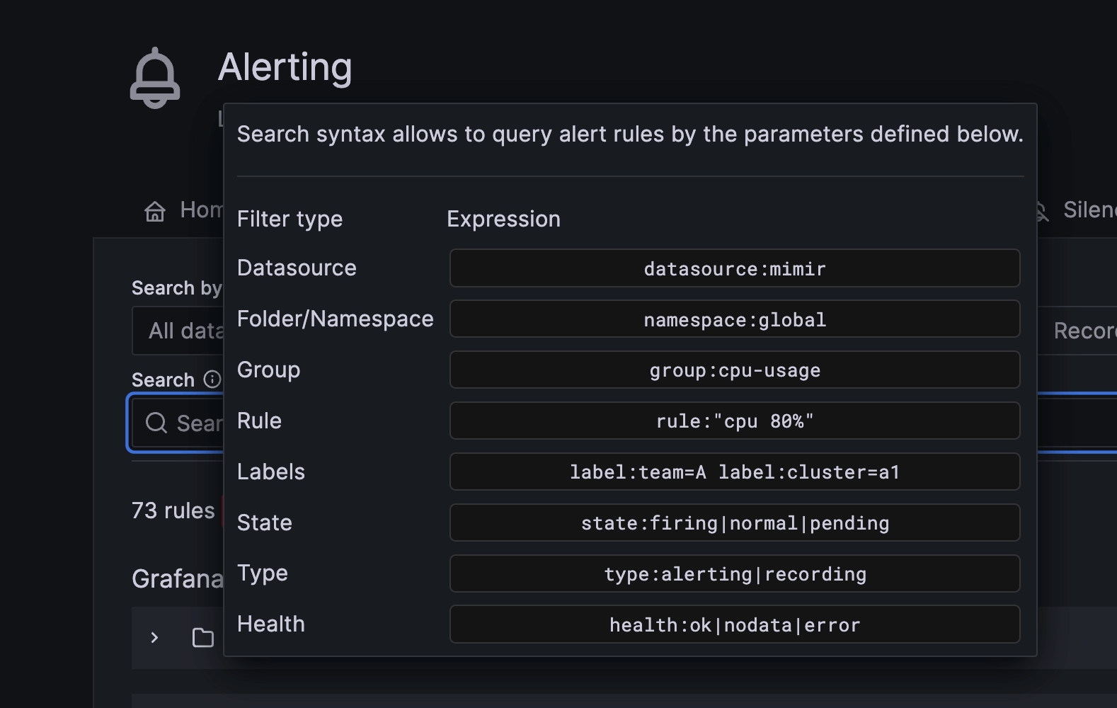 Screenshot of improvements to search bar in Grafana Alerting