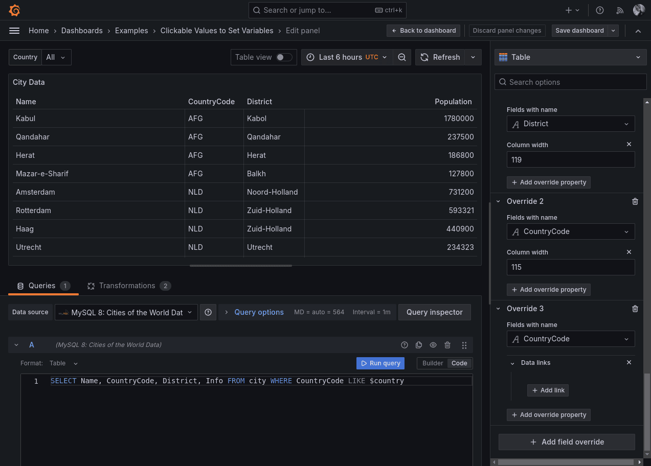 A screenshot showing example variables in queries.
