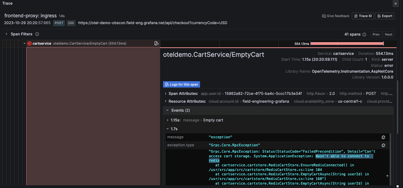 A screenshot of the distributed trace span view.