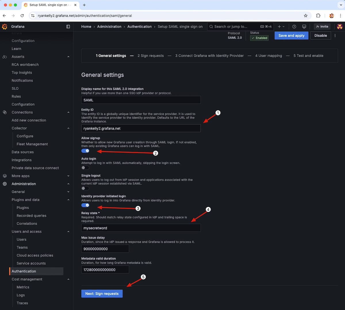 A screenshot of Grafana Cloud general settings with arrows pointing to toggles and boxes where text should be entered