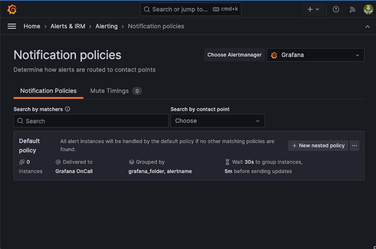 A screenshot of the settings for Grafana alert notification policies.