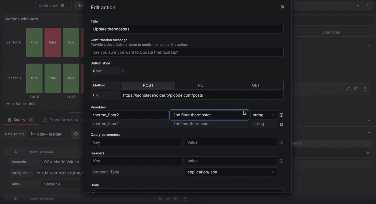 A screenshot showing an example of defining a custom variable within a visualization action.