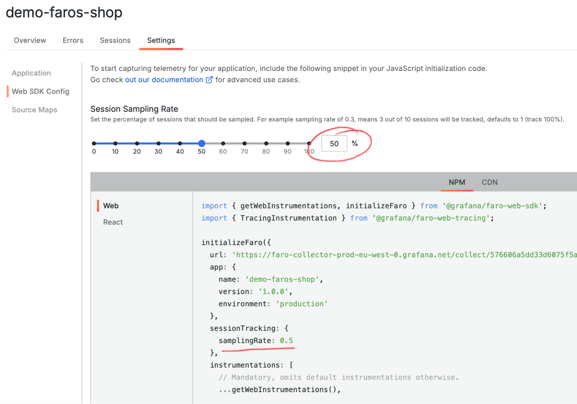 A screenshot showing the Session Sampling Rate feature.