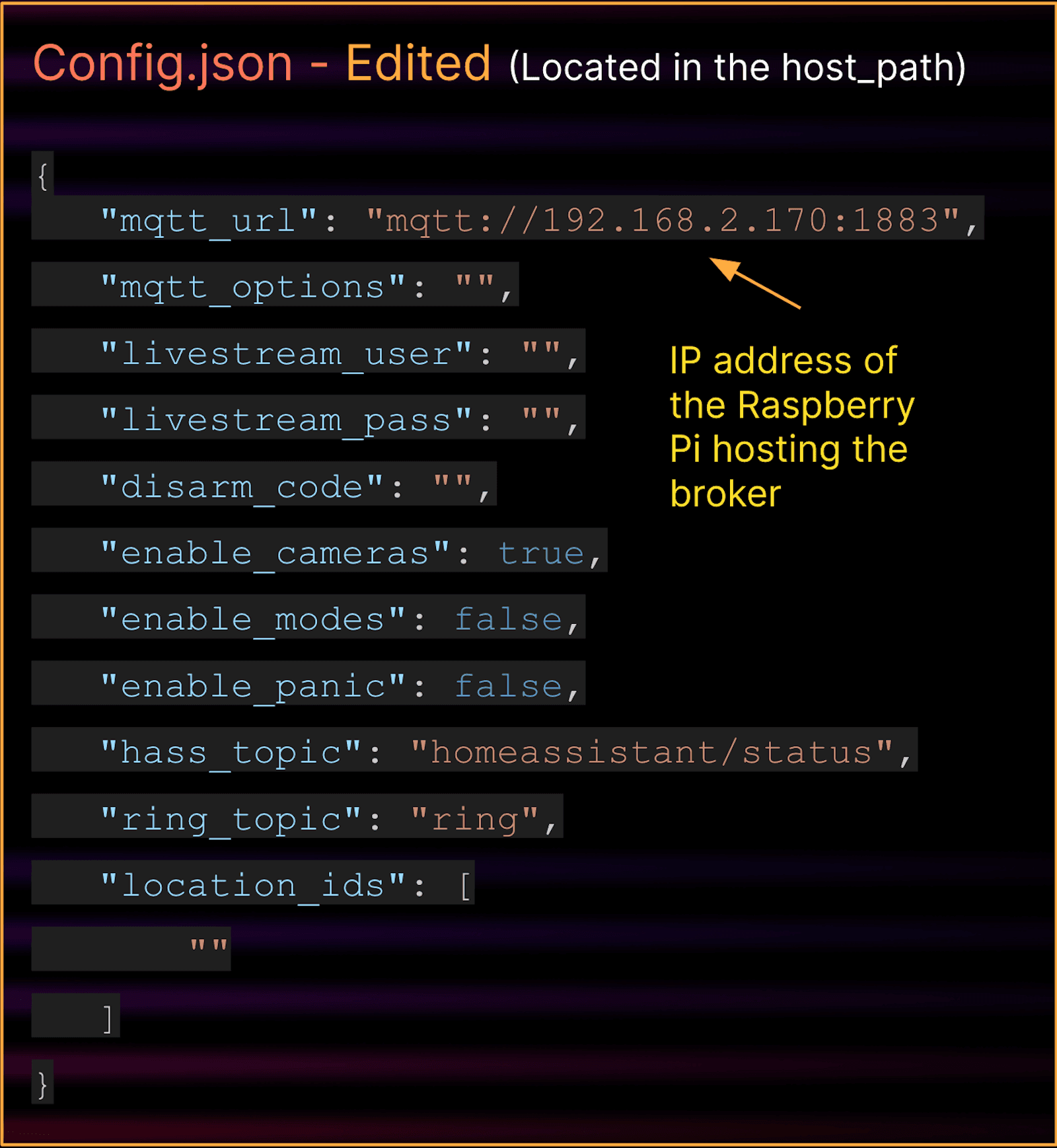 A screenshot showing the edited mqtt_url field in config.json, with an arrow pointing out the IP address of the Raspberry Pi hosting the broker.