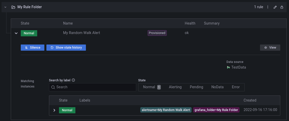 Grafana Alerting UI screenshot showing an alert.