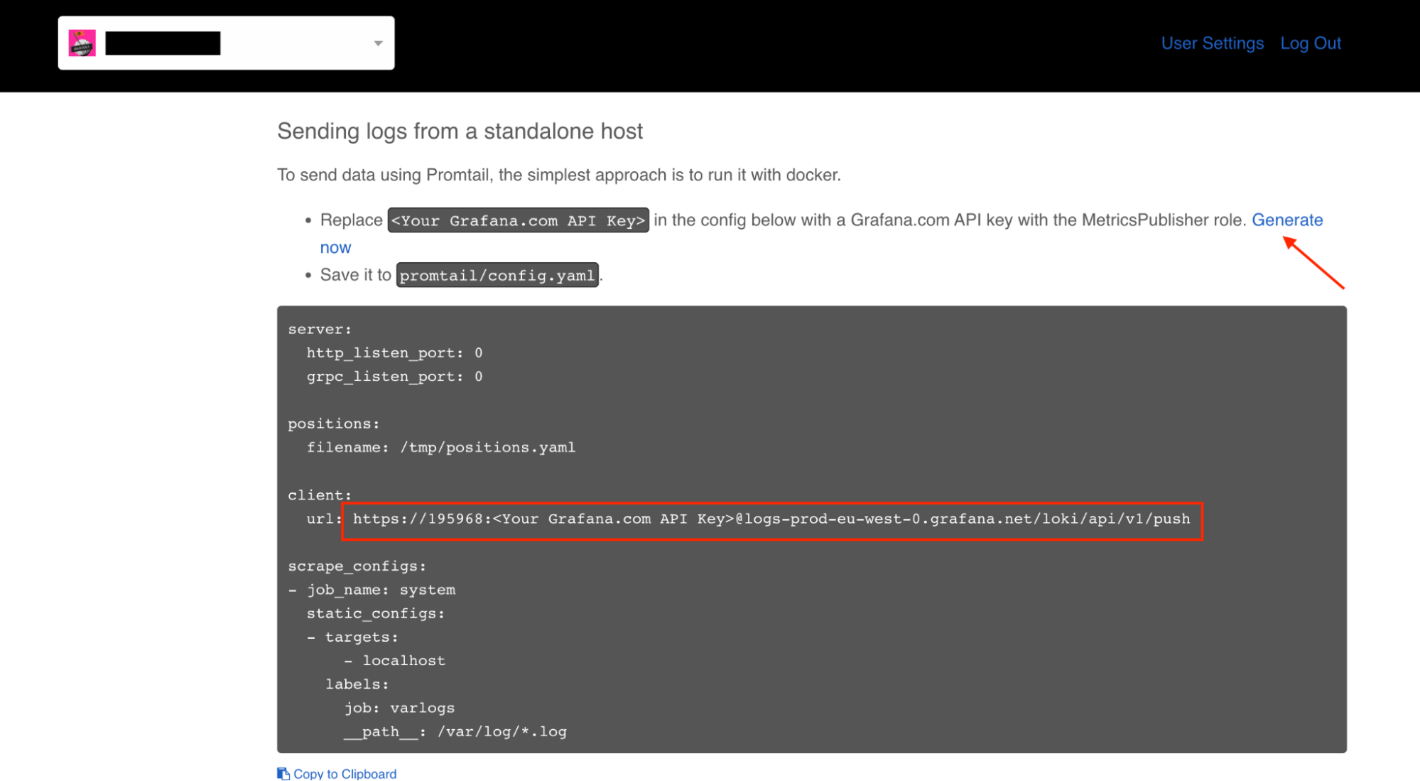 Create an API key in Grafana Cloud. Create an API key in Grafana Cloud.