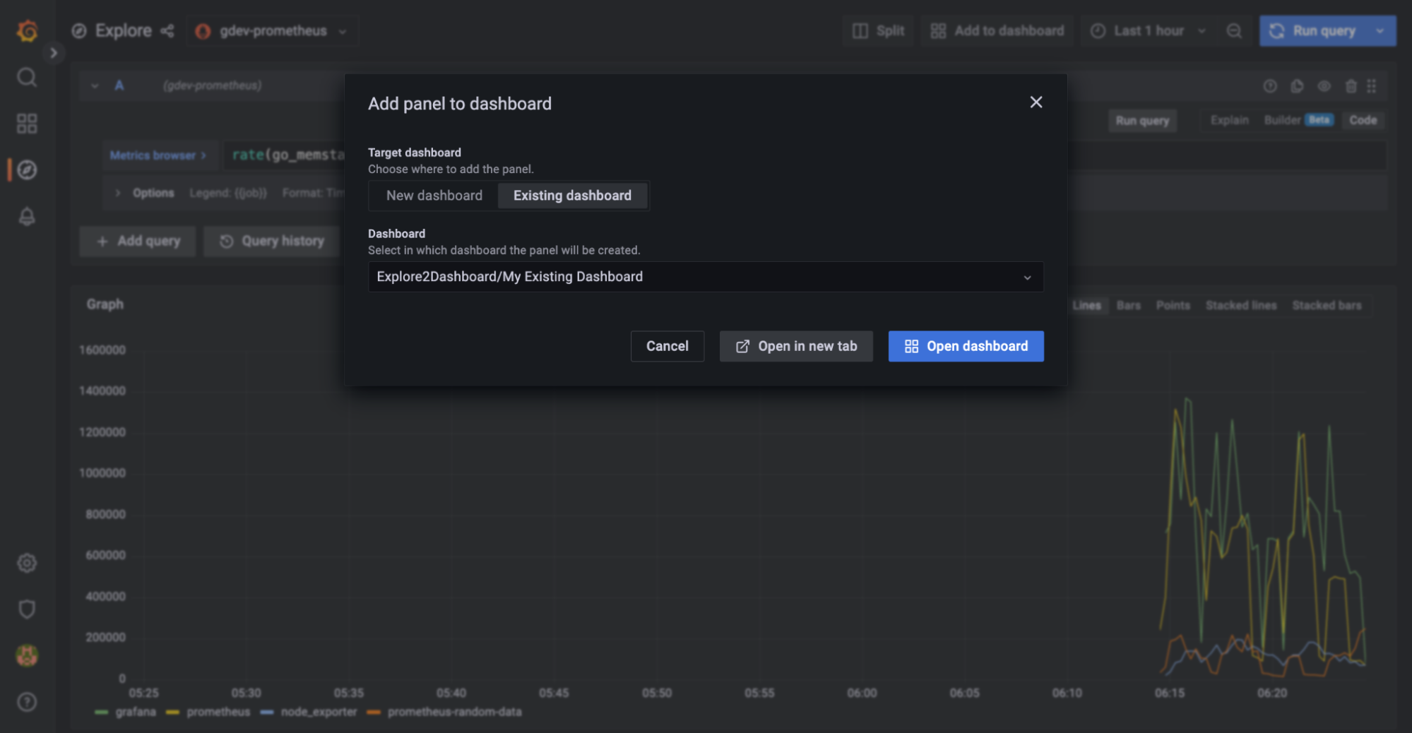 *Explore to dashboard workflow in Grafana 9.0.* *Explore to dashboard workflow in Grafana 9.0.*