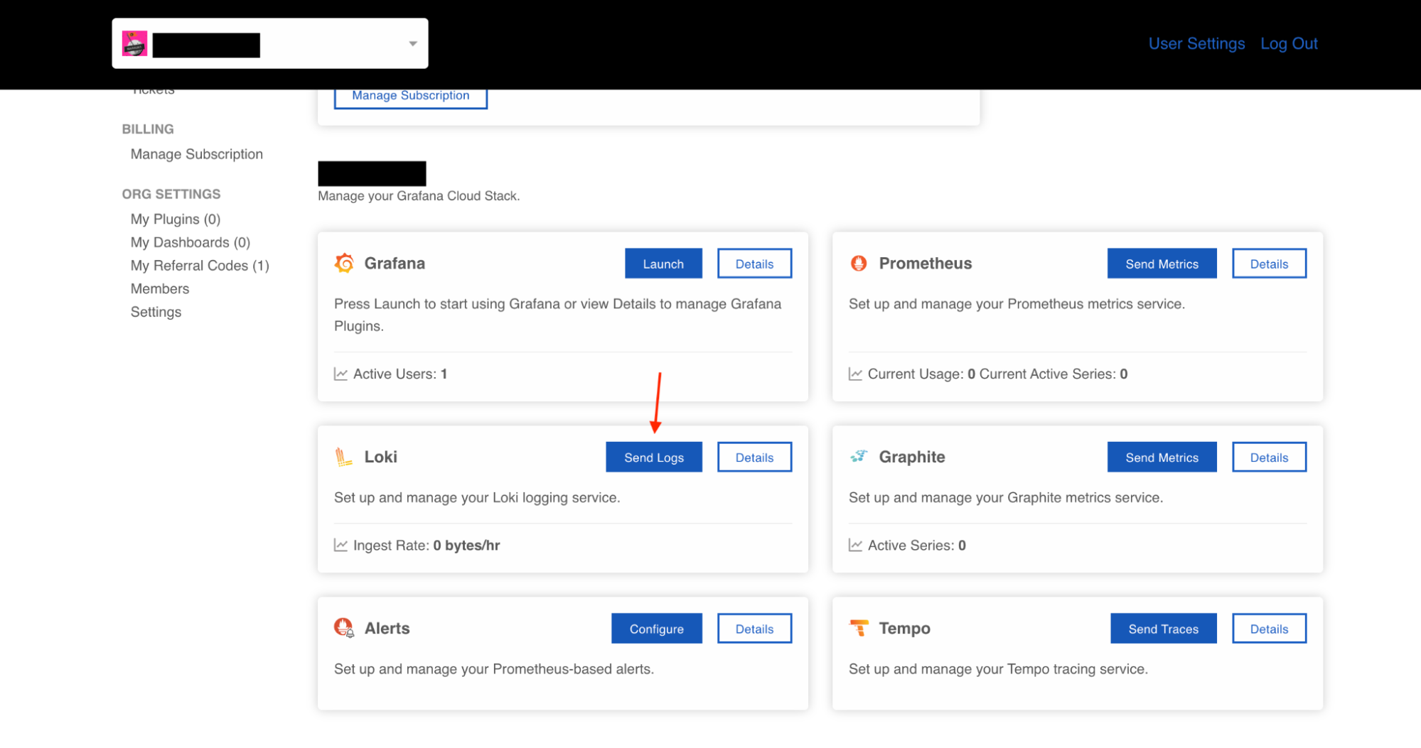 Grafana Cloud setup UI. Grafana Cloud setup UI.