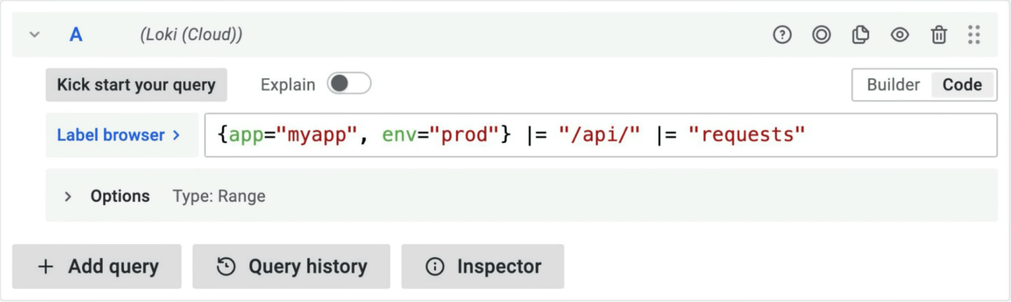 A screenshot of the label selector in Grafana Loki.