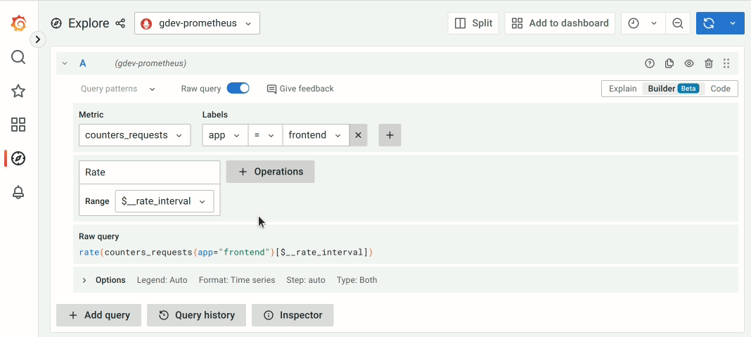 Gif showing how the Prometheus query builder works
