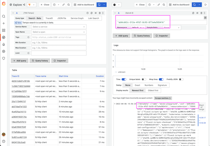 Query section in Grafana Explore for trace to logs Query section in Grafana Explore for trace to logs