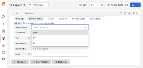 Screenshot of selecting service name for trace to logs in Grafana Explore Screenshot of selecting service name for trace to logs in Grafana Explore