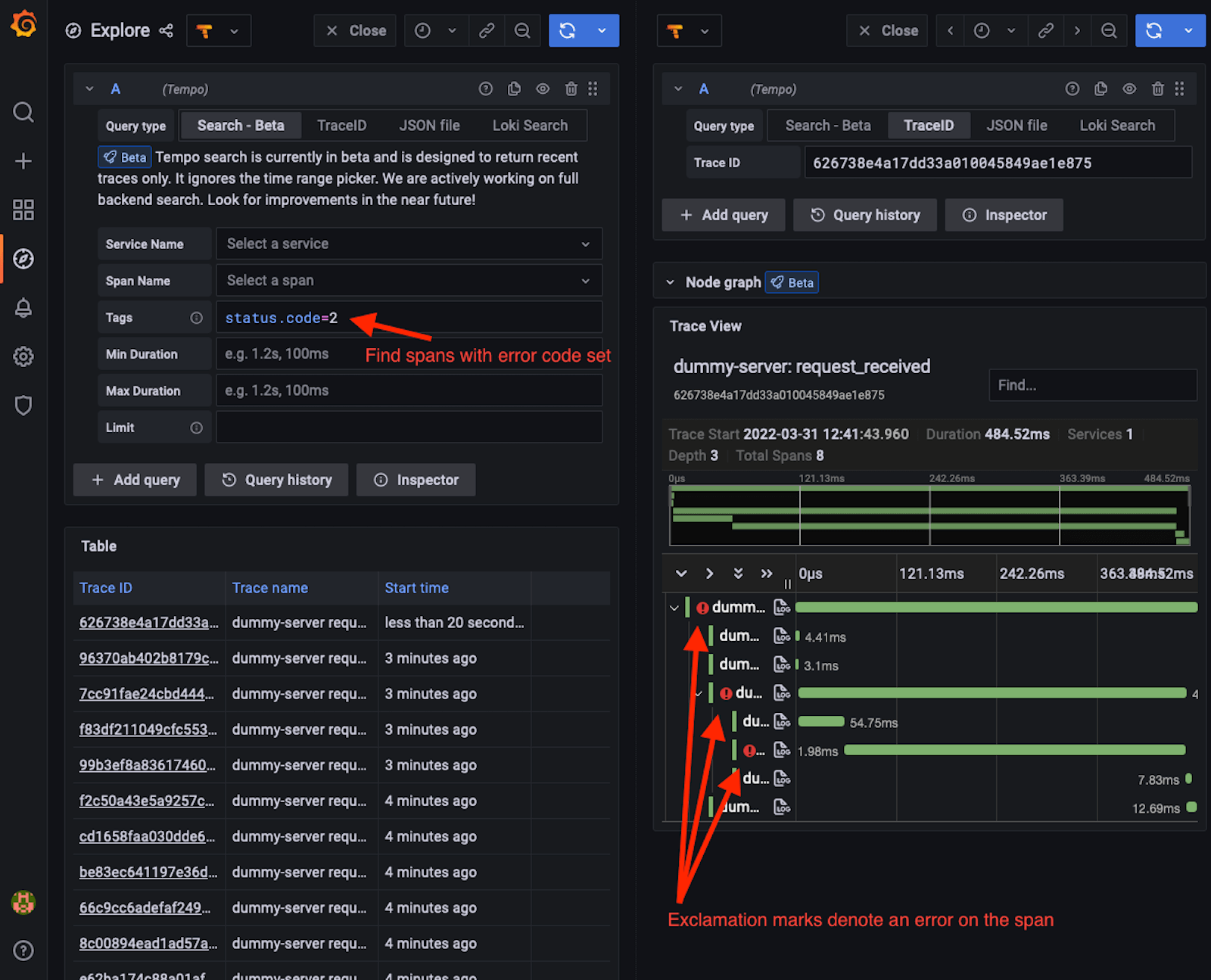 Searching for errors using the span search functionality Searching for errors using the span search functionality