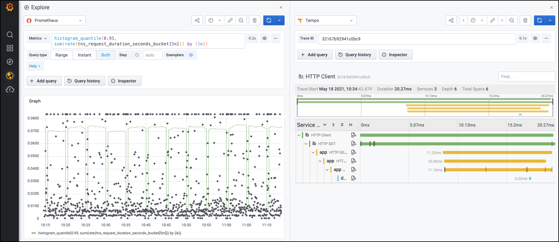 Explorer view with panel showing trace details Explorer view with panel showing trace details
