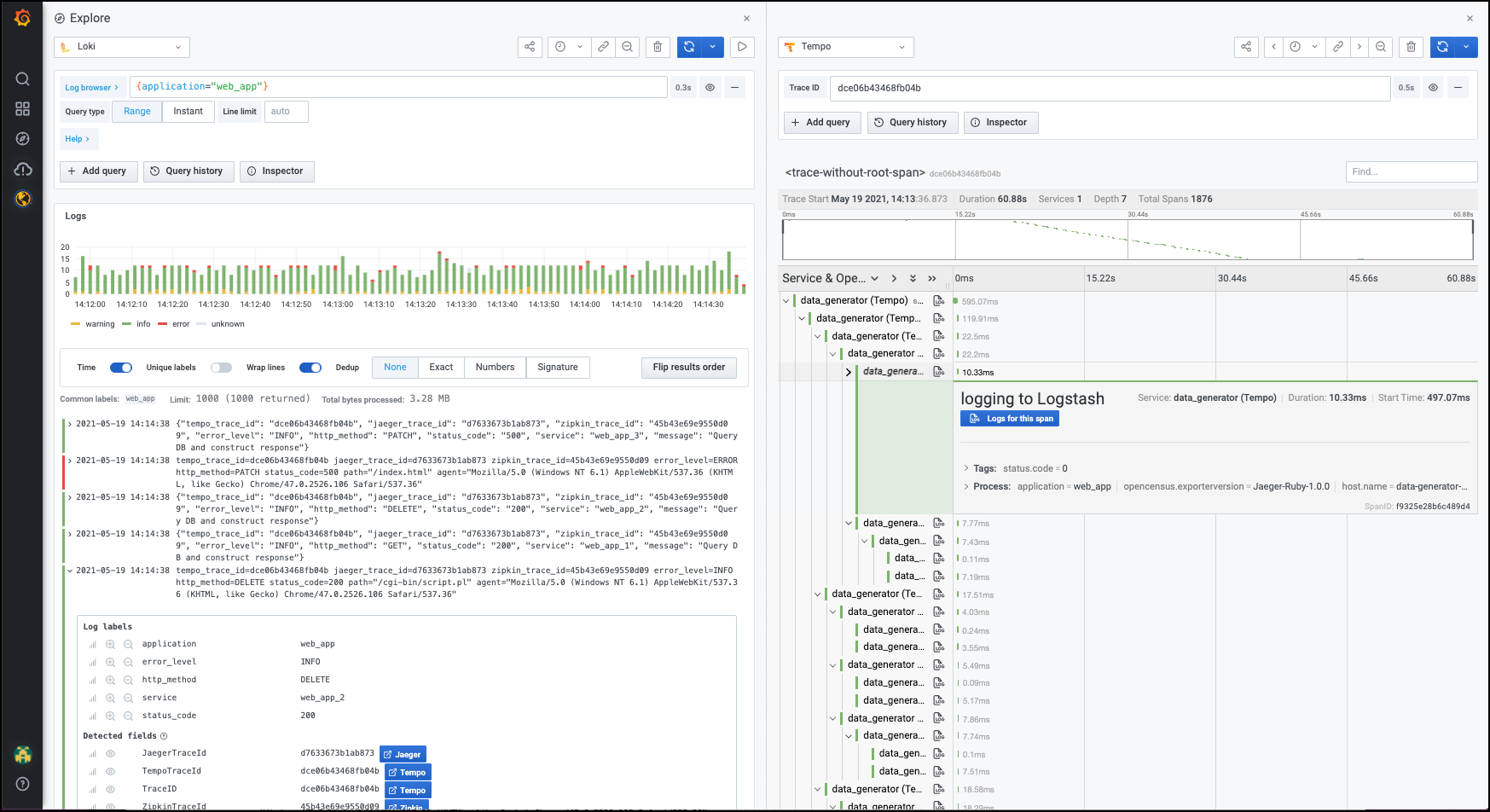 Explorer view with panel showing trace details Explorer view with panel showing trace details