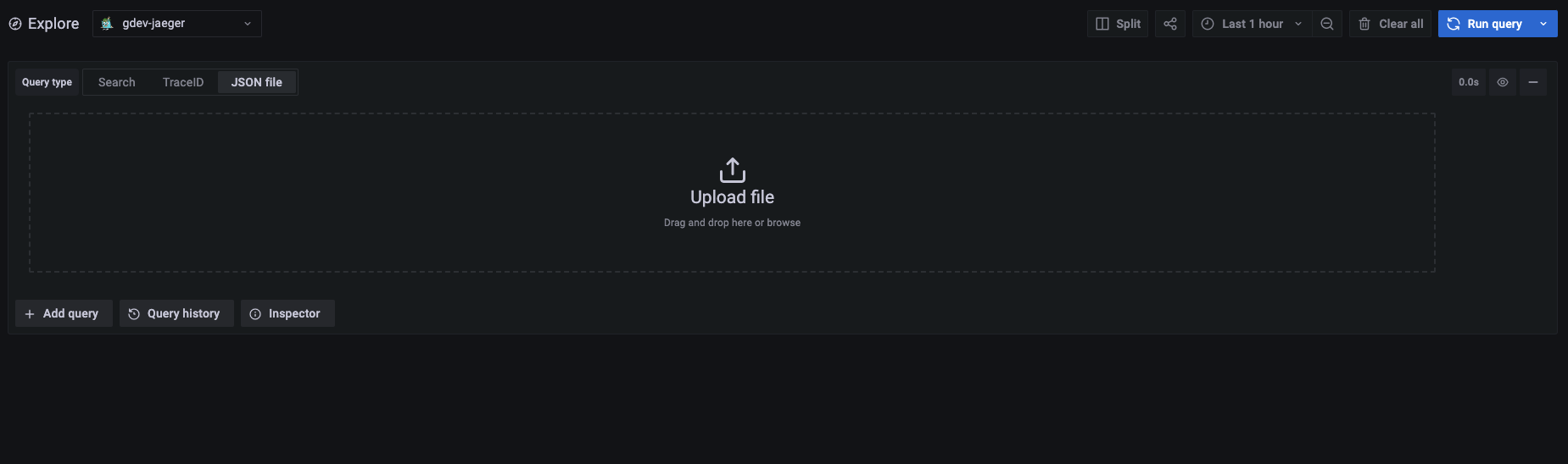 Screenshot of the Jaeger data source in explore with upload selected Screenshot of the Jaeger data source in explore with upload selected