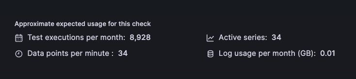 The Synthetic Monitoring calculator in the Grafana Cloud “Edit check” page, showing the approximate usage for a check