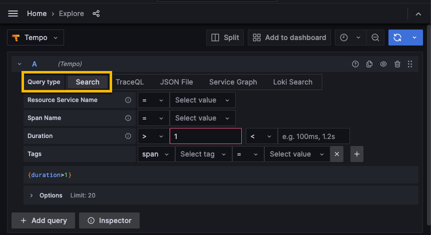 The TraceQL query builder